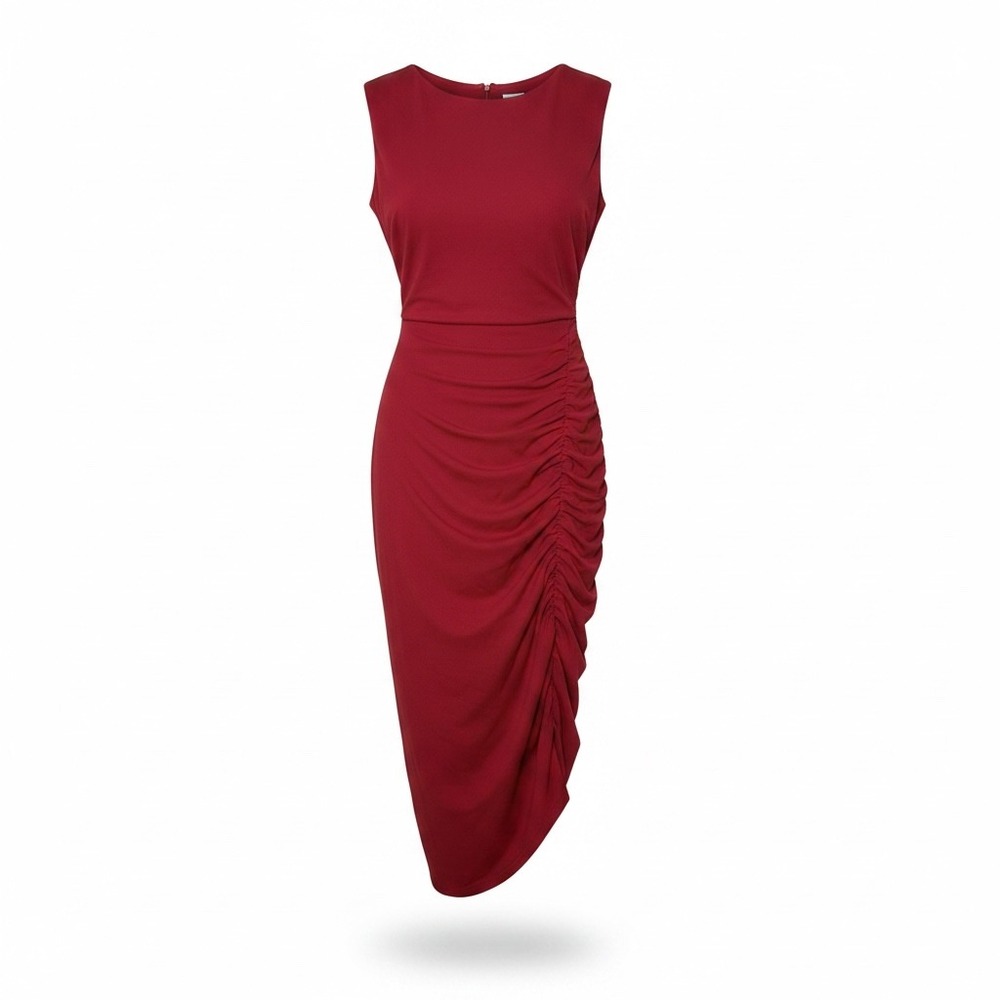 Sheath Dress Women Large Red Ruched Side Sleeveless Midi Cocktail
